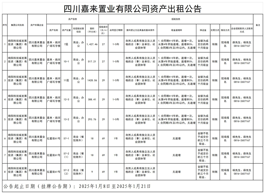 四川嘉來置業(yè)有限公司資產出租公告_Sheet1